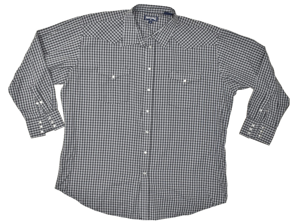 Panhandle Men's Gray Black Plaid Western Snap Shirt Size L Long Sleeve Cotton